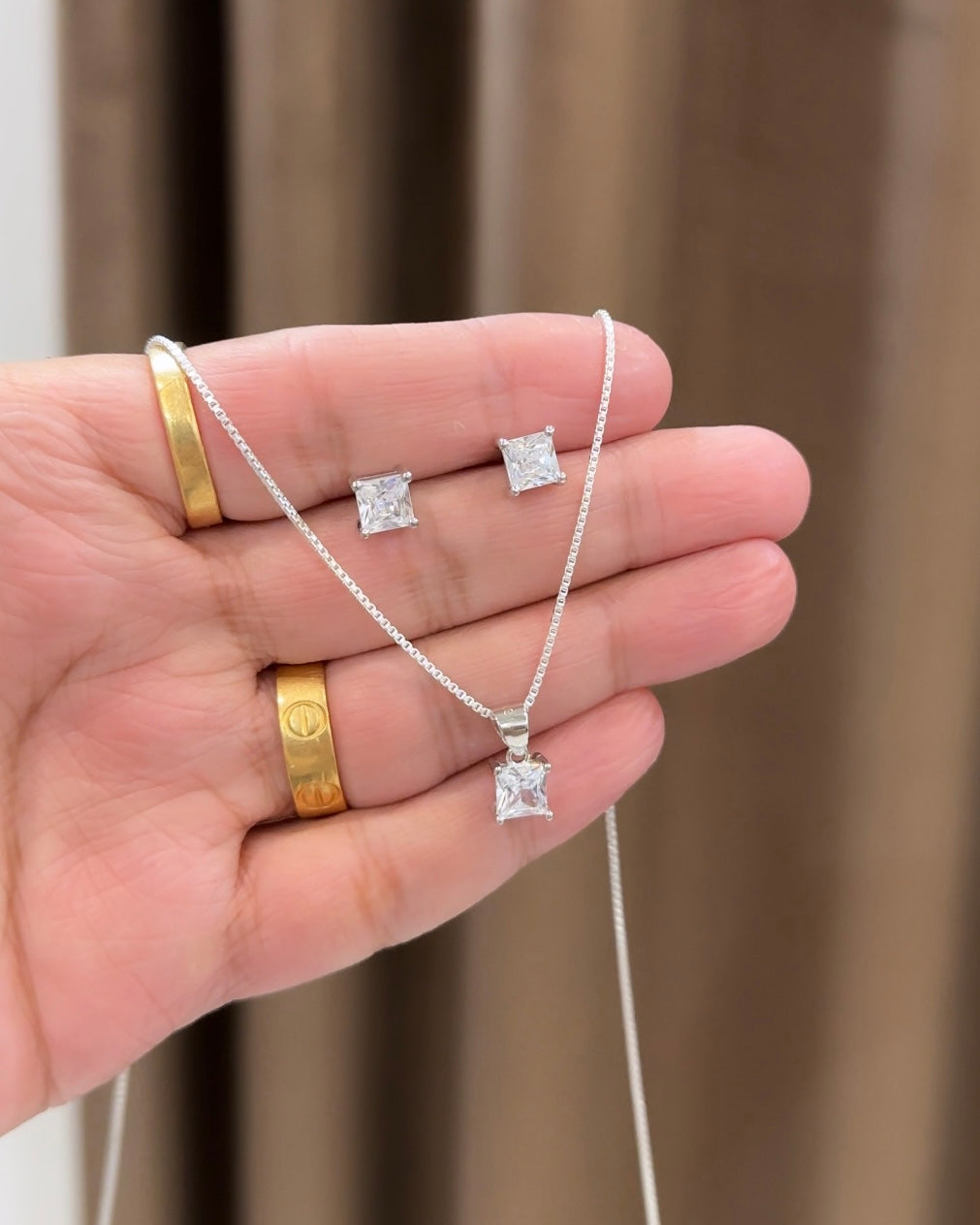 Dainty Square Solitaire Pendant Set