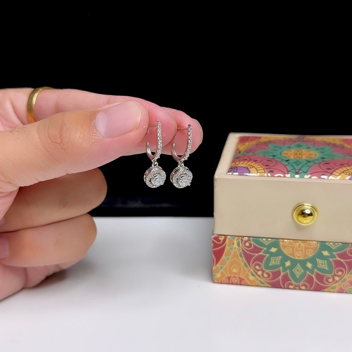 Silver Round Solitaire Dangle Earrings