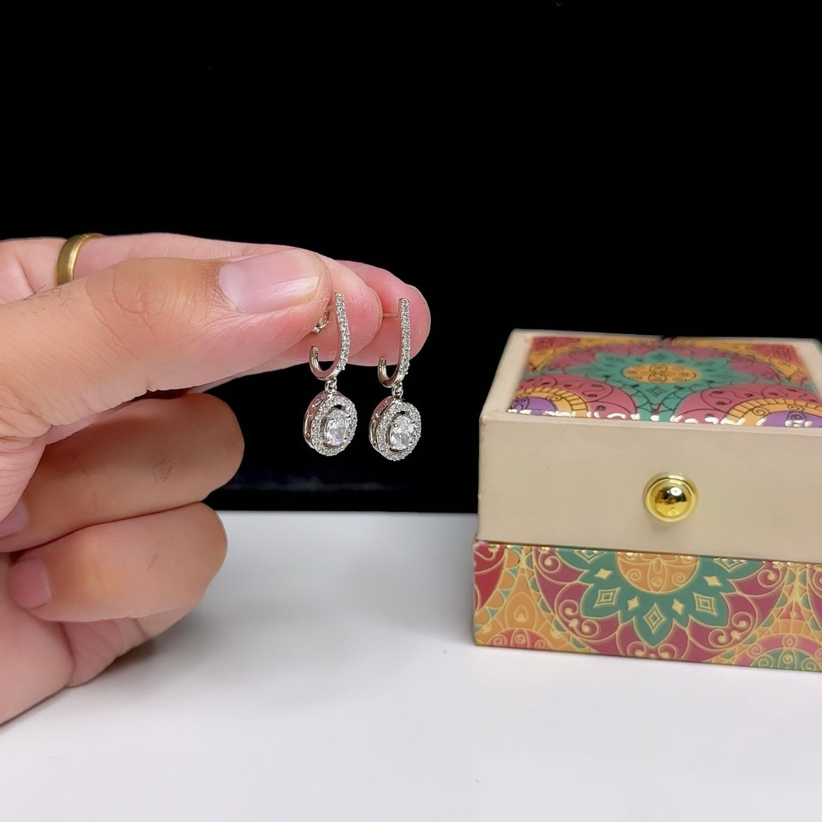 Silver Oval Solitaire Dangle Earrings