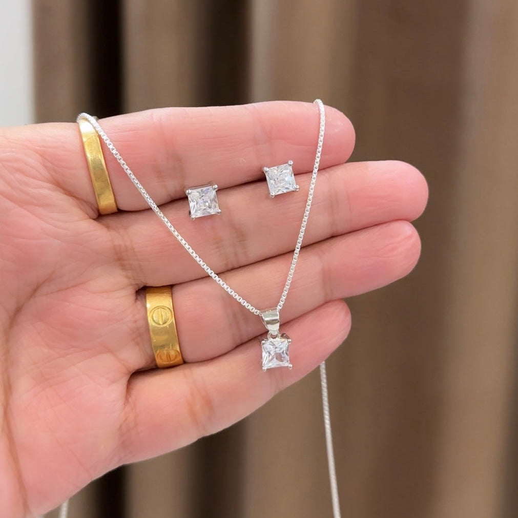 Dainty Square Solitaire Pendant Set